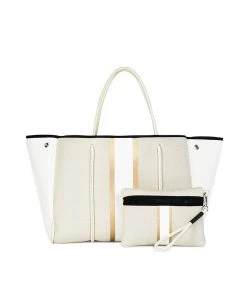 Guangzhou Huadu Shiling Junyuan Leather Factory Beige And Gold Stripe Neoprene Tote Bag New Arrivals