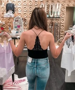 Dynamic Fashion Black Lace Racerback Ribbed Bodysuit Women's Clothing