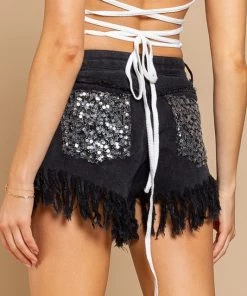 POL Women's Clothing Black Frayed Hem Sequin Detail Denim Shorts