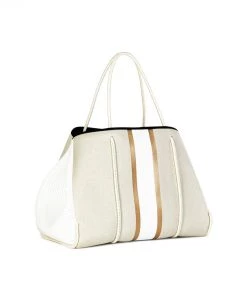 Guangzhou Huadu Shiling Junyuan Leather Factory Beige And Gold Stripe Neoprene Tote Bag New Arrivals