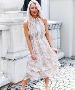 FATE Women's Clothing Taupe Snakeskin Swiss Dot Midi Ruffle Dress