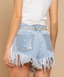 POL Frayed Hem Sequin Detail Denim Shorts