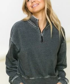 HYFVE Black Acid Wash Half Zip Pullover Sweatshirt