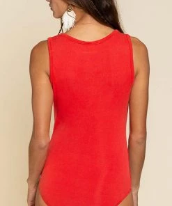 POL Women's Clothing Cherry Red Button Top Bodysuit