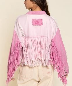 POL Showstopper Pink Fringe Denim Jacket Women's Clothing