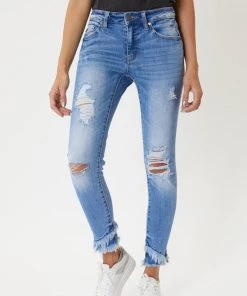 Kan Can Camilla Mid Rise Frayed Hem Ankle Skinny Jeans - Medium Wash Women's Clothing