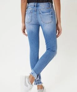 Kan Can Camilla Mid Rise Frayed Hem Ankle Skinny Jeans - Medium Wash Women's Clothing 7 Kan Can Camilla Mid Rise Frayed Hem Ankle Skinny Jeans - Medium Wash Women's Clothing
