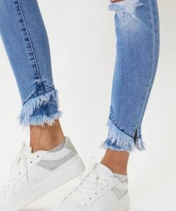Kan Can Camilla Mid Rise Frayed Hem Ankle Skinny Jeans - Medium Wash Women's Clothing