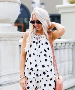 Entro White Polka Dot High Neck Ruffle Romper