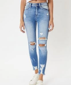 Kan Can Women's Clothing Layla High Rise Distressed Ankle Skinny Jeans - Medium Wash
