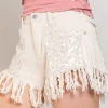 POL Women's Clothing Off White Frayed Hem Sequin Detail Denim Shorts