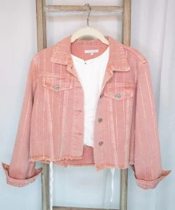 Veveret Pink Kyler Rhinestone Raw Hem Denim Jacket Women's Clothing