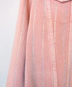 Veveret Pink Kyler Rhinestone Raw Hem Denim Jacket Women's Clothing