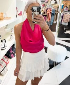 Glam Hot Pink Satin Cowl Neck Top