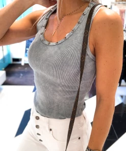 Vocal Acid Wash Studded Neck Ribbed Tank Top