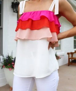 Entro All About It Pink Ruffle Tank Top Women's Clothing
