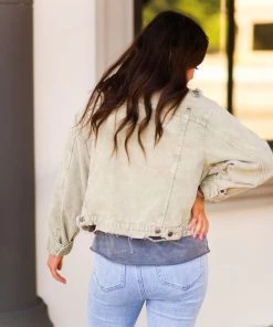 Mustard Seed Amelia Olive Green Distressed Corduroy Jacket