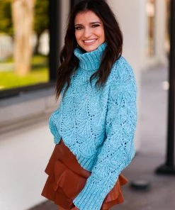 POL Aqua Blue Eyelet Turtleneck Sweater Women's Clothing