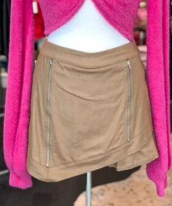 Le Lis Asymmetrical Tan Zipper Mini Skirt Women's Clothing
