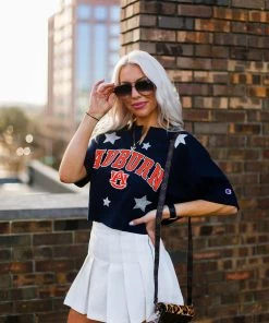Vintage Distressed Auburn Game Day Cropped Glitter Star T-Shirt