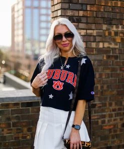Vintage Distressed Auburn Game Day Cropped Glitter Star T-Shirt