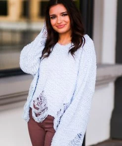 POL Baby Blue Distressed Popcorn Sweater Women's Clothing