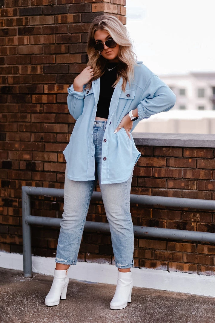 La Miel Baby Blue Plush Button Down Shacket 6 La Miel Baby Blue Plush Button Down Shacket