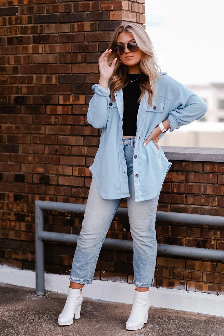 La Miel Baby Blue Plush Button Down Shacket 7 La Miel Baby Blue Plush Button Down Shacket