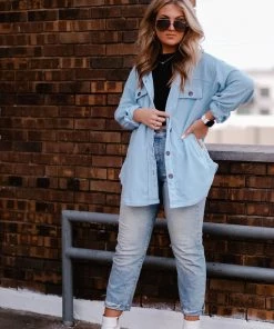 La Miel Baby Blue Plush Button Down Shacket