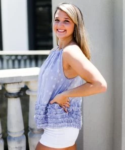 Entro Baby Blue Ruffle Star Tank Top Women's Clothing