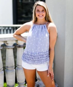 Entro Baby Blue Ruffle Star Tank Top Women's Clothing