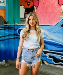 Vintage Shop Women's Clothing Baby Blue Rushed Cutout Top