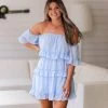 Very J Women's Clothing Baby Blue Swiss Dot Ruffle Mini Dress