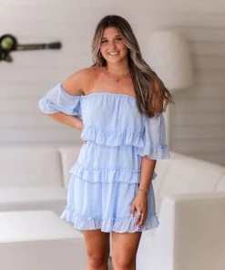 Very J Women's Clothing Baby Blue Swiss Dot Ruffle Mini Dress