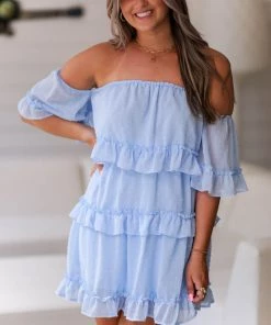 Very J Women's Clothing Baby Blue Swiss Dot Ruffle Mini Dress