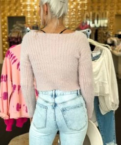 HYFVE Women's Clothing Baby Pink Fuzzy Fitted Sweater Top