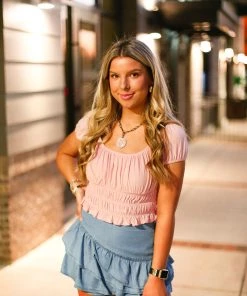 HYFVE Women's Clothing Baby Pink Smocked Puff Sleeve Blouse