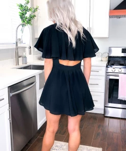 HYFVE Backless Ruffle Front Tie Romper - Black