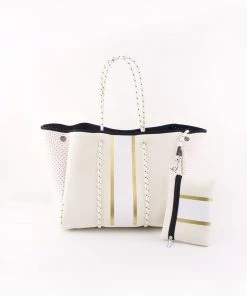 Guangzhou Huadu Shiling Junyuan Leather Factory Beige And Gold Stripe Neoprene Tote Bag New Arrivals