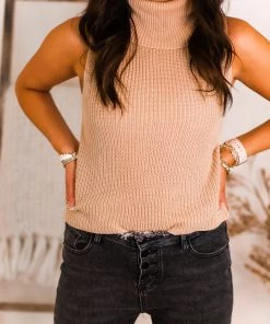 Le Lis Beige Sleeveless Turtle Neck Knit Top Women's Clothing