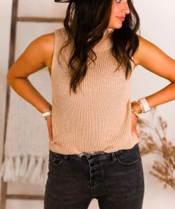 Le Lis Beige Sleeveless Turtle Neck Knit Top Women's Clothing