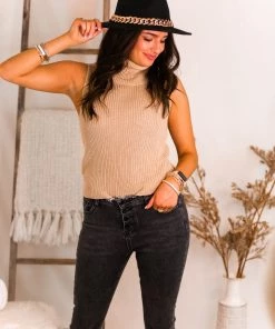 Le Lis Beige Sleeveless Turtle Neck Knit Top Women's Clothing