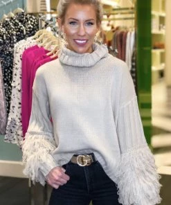 Blue B Women's Clothing Beige Turtle Neck Sweater With Fringe Arms
