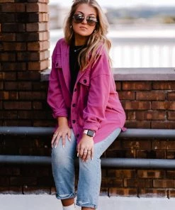 La Miel Berry Pink Plush Button Down Shacket