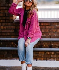 La Miel Berry Pink Plush Button Down Shacket