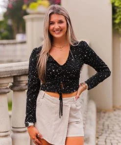 Le Lis Black And White Star Shirring Blouse Women's Clothing