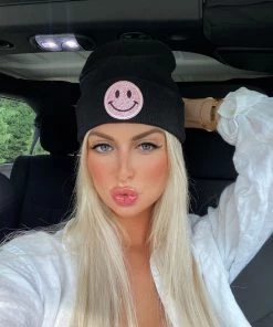 Vintage Distressed Black Beanie Hat With Pink Smiley Face