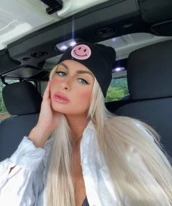 Vintage Distressed Black Beanie Hat With Pink Smiley Face 7 Vintage Distressed Black Beanie Hat With Pink Smiley Face