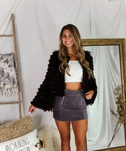 Blue Blush Women's Clothing Black Bell Sleeve Furry Crop Jacket