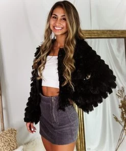 Blue Blush Black Bell Sleeve Furry Crop Jacket